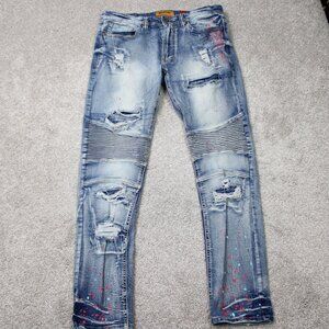 Makobi Cape Biker Jeans Mens 34x32 Blue w/ Paint Splash Distressed Moto Denim